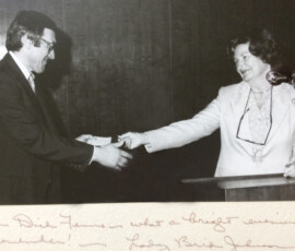 "What a bright evening to remember!" Autographed photo of Fenno and former First Lady, Lady Bird Johnson c. 1975.