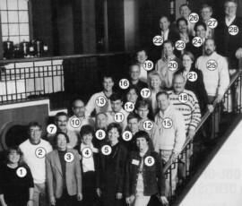Identification of Fenno's 27 former graduate Students: 1) Wendy Schiller '94 (PhD), Brown; 2) Morris Fiorina '72 (PhD), Harvard; 3) Christine DeGregorio '87 (PhD), American University; 4) Linda Fowler '77 (PhD), Dartmouth; 5) Diana Evans '80 (PhD), Trinity College; 6) Lynn Vavreck '97, Princeton; 7) Jack Wright '83 (PhD), George Washington; 8) Fenno; 9) Keith Krehbiel '83 (PhD), Stanford; 10) Theodore Anagnoson '77 (PhD), Cal State at Los Angeles; 11) William Kubik '95 (PhD), Hanover College; 12) Jay Goodliffe '96 (MA), Brigham Young; 13) Richard Forgette '92 (PhD), Miami University; 14) Paul Gehman '90 (PhD), Washington consultant; 15) Lawrence Evans '88 (PhD), William and Mary; 16) Kenneth Shepsle '70 (PhD), Harvard; 17) Barbara Deckard Sinclair '70 (PhD), UCLA; 18) Roman Hedges '77 (PhD), Ways and Means staff, NYS Assembly; 19) Robert Weber '75 (PhD), St. Johns University; 20) John Wilkerson '92 (PhD), University of Washington; 21) Lynda Powell '74 (PhD), Rochester; 22) Richard Smith '81 (PhD), Millsaps; 23) Jeffrey Hill '87 (PhD), Northeastern Illinois University; 24) William Bianco '87 (PhD), Penn State; 25) Paul Montebello '85 (PhD), in finance, Birmingham, Ala.; 26) John Aldrich '75 (PhD), Duke; 27) David Rhode '71 (PhD), Michigan State; 28) James Murphy '70 (PhD), St. John's University, Minn.; (not pictured) David Castle '85 (PhD), Lamar University. Identification of Fenno's 27 former graduate Students: 1) Wendy Schiller '94 (PhD), Brown; 2) Morris Fiorina '72 (PhD), Harvard; 3) Christine DeGregorio '87 (PhD), American University; 4) Linda Fowler '77 (PhD), Dartmouth; 5) Diana Evans '80 (PhD), Trinity College; 6) Lynn Vavreck '97, Princeton; 7) Jack Wright '83 (PhD), George Washington; 8) Fenno; 9) Keith Krehbiel '83 (PhD), Stanford; 10) Theodore Anagnoson '77 (PhD), Cal State at Los Angeles; 11) William Kubik '95 (PhD), Hanover College; 12) Jay Goodliffe '96 (MA), Brigham Young; 13) Richard Forgette '92 (PhD), Miami University; 14) Paul Gehman '90 (PhD), Washington consultant; 15) Lawrence Evans '88 (PhD), William and Mary; 16) Kenneth Shepsle '70 (PhD), Harvard; 17) Barbara Deckard Sinclair '70 (PhD), UCLA; 18) Roman Hedges '77 (PhD), Ways and Means staff, NYS Assembly; 19) Robert Weber '75 (PhD), St. Johns University; 20) John Wilkerson '92 (PhD), University of Washington; 21) Lynda Powell '74 (PhD), Rochester; 22) Richard Smith '81 (PhD), Millsaps; 23) Jeffrey Hill '87 (PhD), Northeastern Illinois University; 24) William Bianco '87 (PhD), Penn State; 25) Paul Montebello '85 (PhD), in finance, Birmingham, Ala.; 26) John Aldrich '75 (PhD), Duke; 27) David Rhode '71 (PhD), Michigan State; 28) James Murphy '70 (PhD), St. John's University, Minn.; (not pictured) David Castle '85 (PhD), Lamar University.