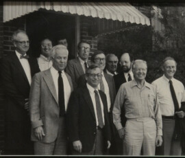 Group photo from a a conference organized by the Miller Center (based at the University of Virginia, in Charlottesville) held in Plains, Georgia, c. 1980. Front row (left to right): Ken Thompson, Richard Neustadt, Jimmy Carter, and James Sterling Young. Back row: first four unknown, Richard Fenno, David Truman, Charles Jones. Group photo from a conference organized by the Miller Center (based at the University of Virginia, Charlottesville) held in Plains, Georgia, c. 1980. Front row (left to right): Ken Thompson, Richard Neustadt, Jimmy Carter, and James Sterling Young. Back row: first four unknown, Richard Fenno, David Truman, Charles Jones.