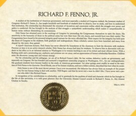 University of Rochester Alumni Citation to Faculty Award for Richard Fenno, 1976. To read the text click <a href="https://richardfenno.com/university-rochester-alumni-citation-faculty-award-richard-fenno-1976/"> here </a> University of Rochester Alumni Citation to Faculty Award for Richard Fenno, 1976.