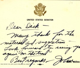 Letter to Richard Fenno from former Ohio Senator John Glenn, 1984. To read the letter click <a href="https://richardfenno.com/letter-richard-fenno-former-ohio-senator-john-glenn-1984/"> here </a> Letter to Richard Fenno from former Ohio Senator John Glenn, 1984.